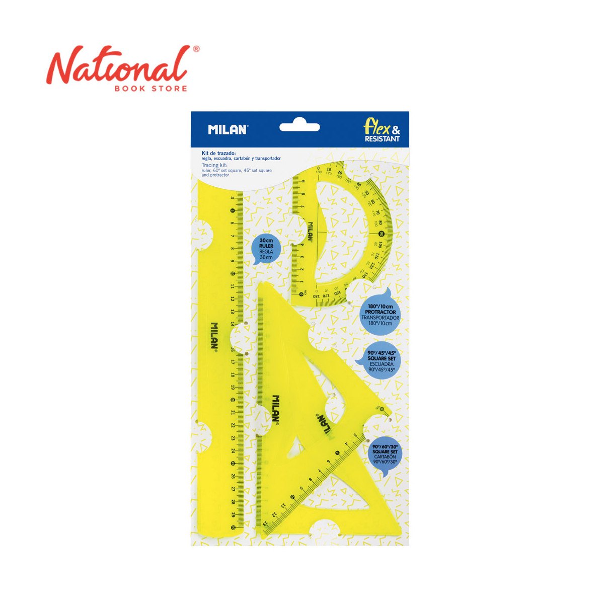 Milan Math Set Yellow 2 Triangle 1 Protractor 1 Ruler Flex and Resistant Acid Series 359801Y