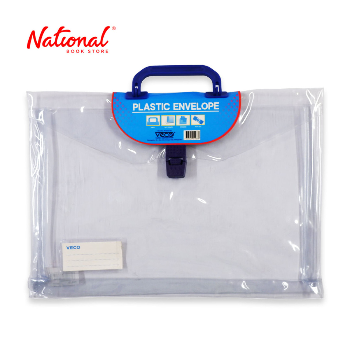 Veco Plastic Envelope with Handle Long Gauge 10 Clear Colored Handle Expandable, Blue
