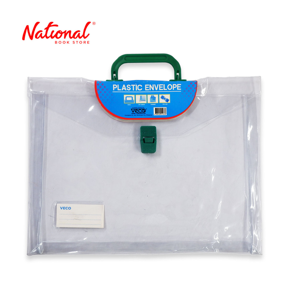 Veco Plastic Envelope with Handle Long Gauge 10 Clear Colored Handle Expandable, Green