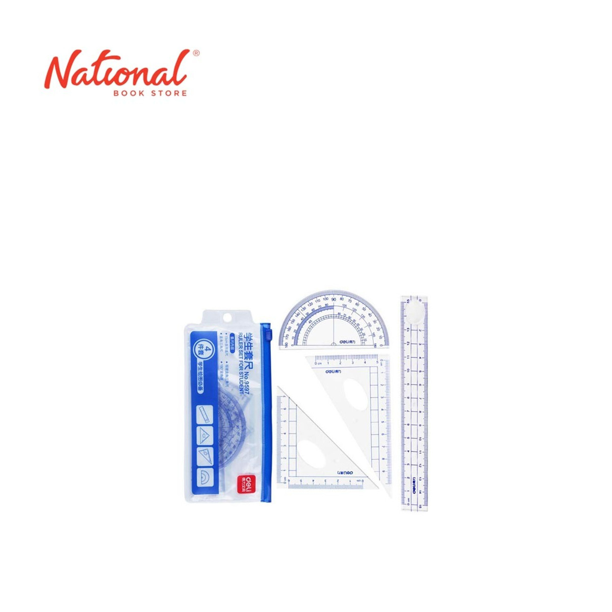 DELI MATH SET 9597 4PCS 2TRIANGLE PROTRACTOR RULER WITH POUCH