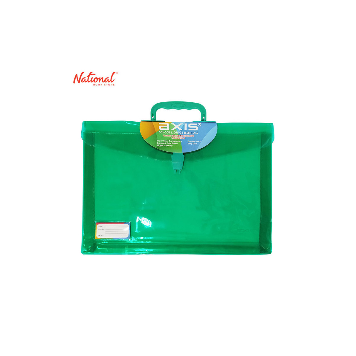 AXIS PLASTIC ENVELOPE WITH HANDLE AX-PEH002 LONG G10 COLORED TRANSPARENT PUSH LOCK EXPANDABLE, GREEN